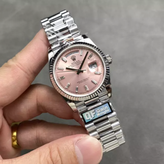 QF공장 롤렉스 데이데이트 36 핑크 바게트 다이아 다이얼 화이트 골드 금통 128236