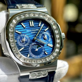 TWS공장 파텍필립 퍼페츄얼 캘린더 블루 다이얼 다이아 베젤 가죽 밴드 40mm 5740