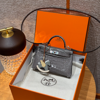 최고퀄 에르메스 올수공 켈리 미니 시멘트 그레이 악어 가죽 은장