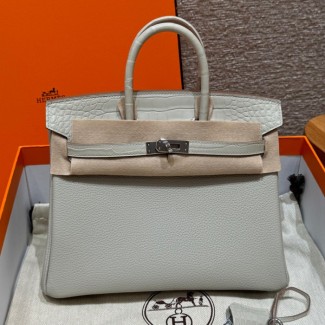올수공 에르메스 버킨 25 80/Girs Perle 토고 & 악어 가죽 실버 하드웨어
