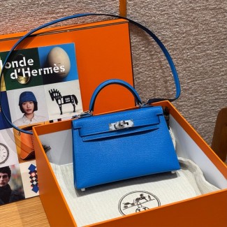 올수공 에르메스 미니 켈리 Blue Hydra 쉐브르 가죽 실버 하드웨어