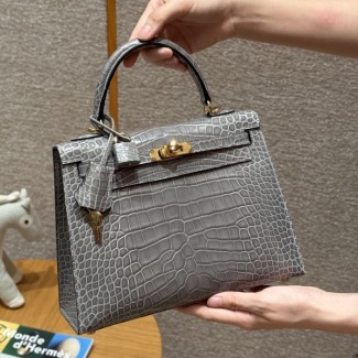 올수공 에르메스 켈리 25 Gris Ciment 악어 가죽 골드 하드웨어