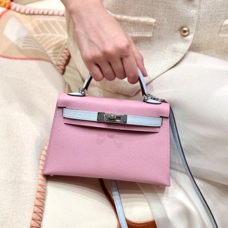 올수공 에르메스 미니 켈리 X9/mauve & T0/Blue Brume 엡송 가죽 실버 하드웨어