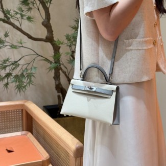 올수공 에르메스 미니 켈리 10/Craie & J7/Blue Lin 엡송 가죽 실버 하드웨어