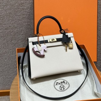 올수공 에르메스 켈리 25 10/craie and 89/noir 엡송 가죽 골드 하드웨어