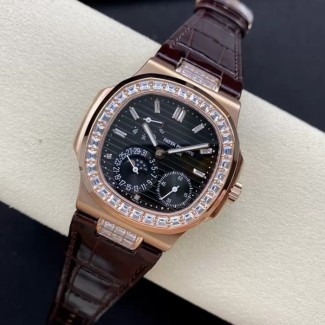 GR공장 파텍필립 노틸러스 문페이즈 블랙 다이얼 다이아 베젤 로즈골드 가죽밴드 5712
